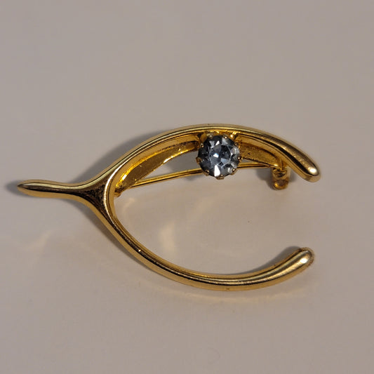 Gold Tone Rhinestone Wishbone Brooch