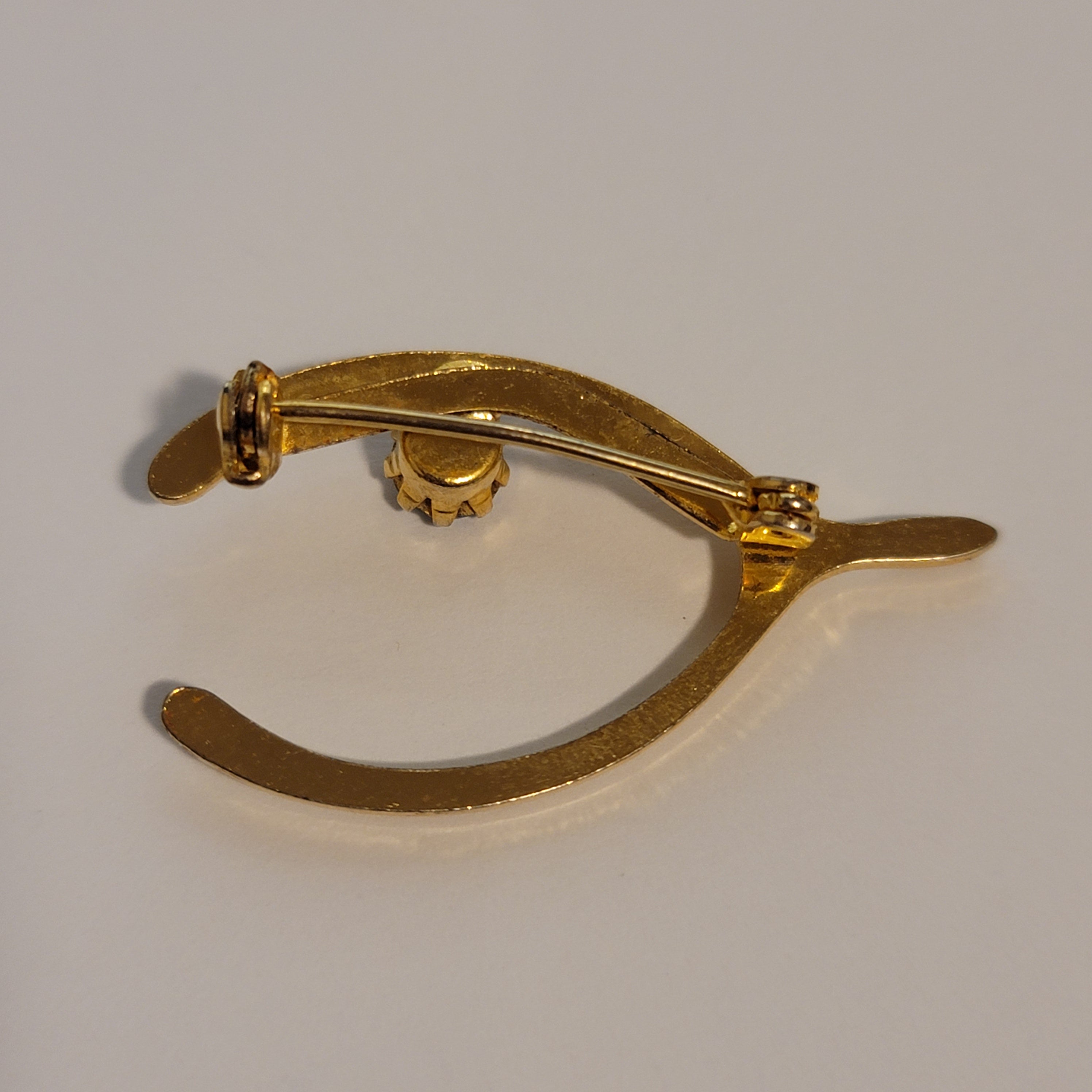 Gold Tone Rhinestone Wishbone Brooch