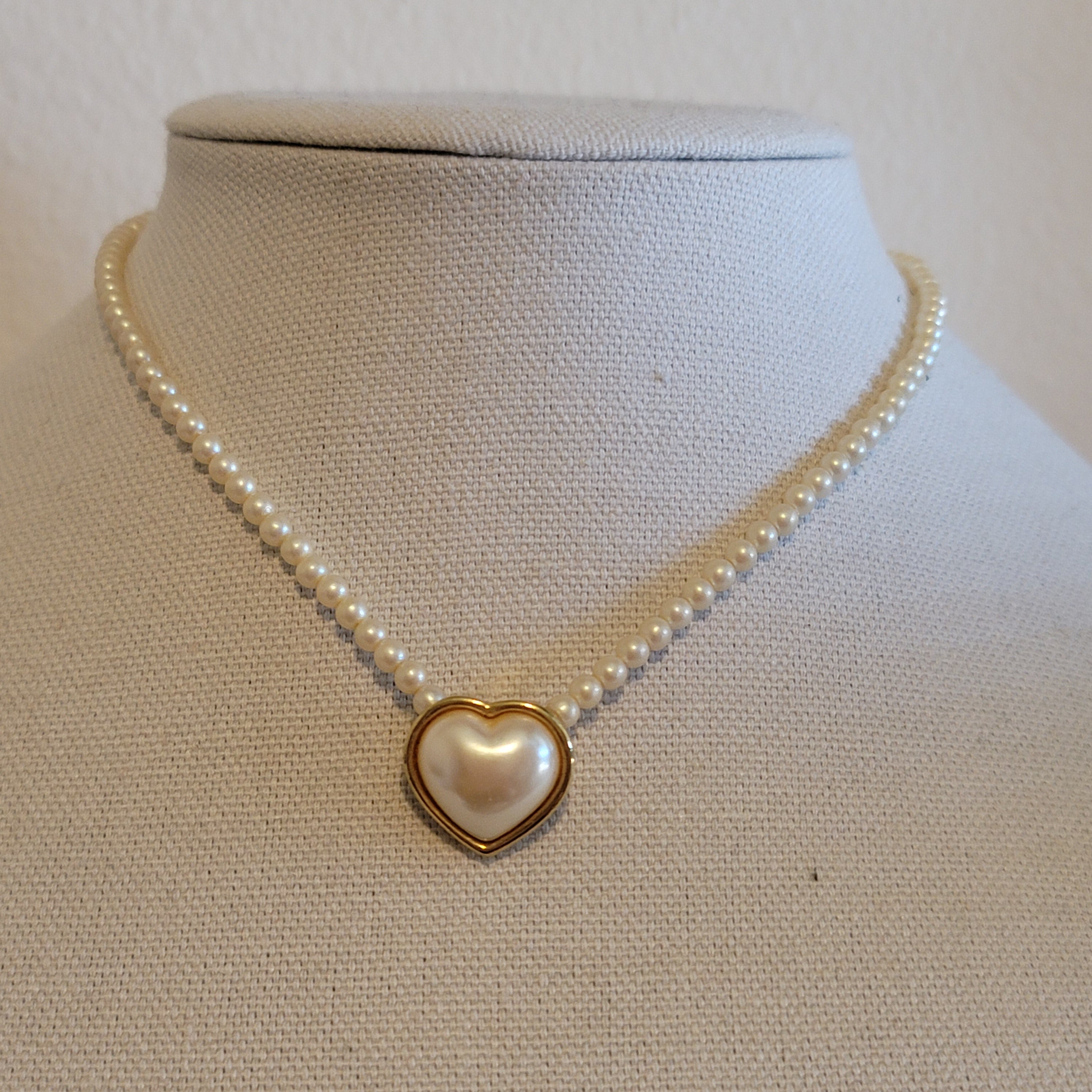 Vintage Monet Simulated Pearl Heart Necklace