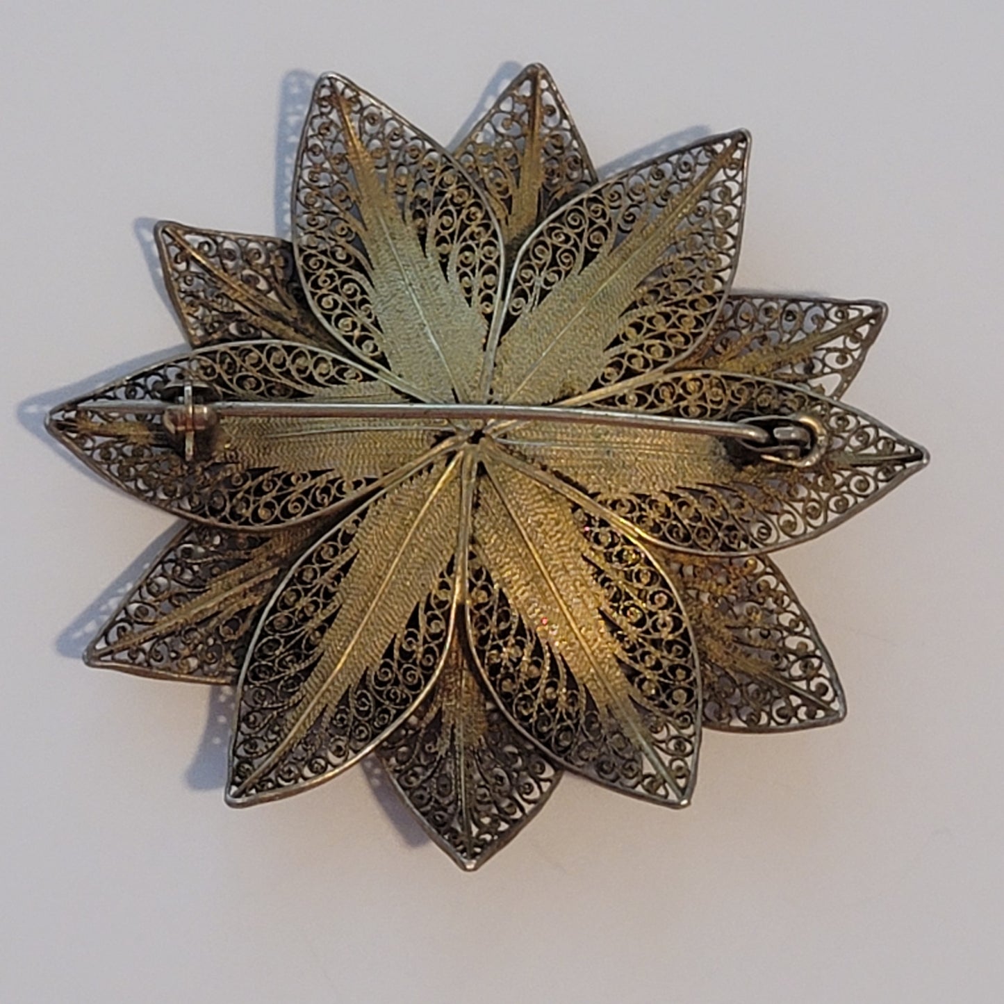 Vintage Gold Wash Vermeil Silver Filigree Sunflower Brooch