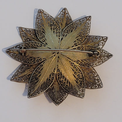 Vintage Gold Wash Vermeil Silver Filigree Sunflower Brooch