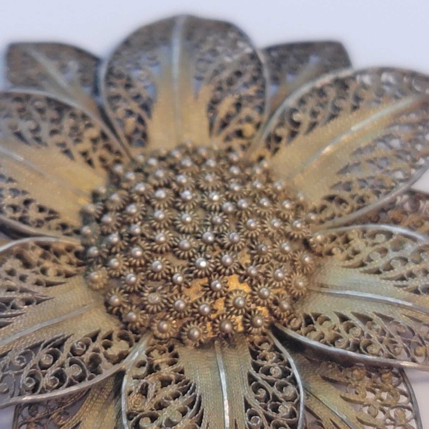 Vintage Gold Wash Vermeil Silver Filigree Sunflower Brooch