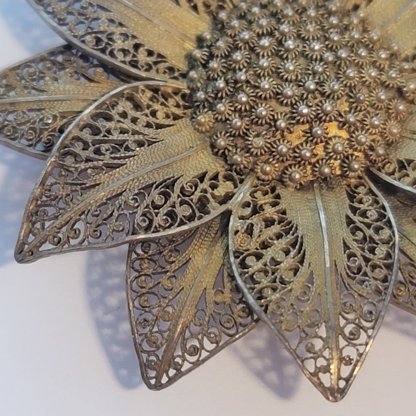 Vintage Gold Wash Vermeil Silver Filigree Sunflower Brooch