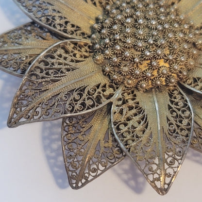 Vintage Gold Wash Vermeil Silver Filigree Sunflower Brooch