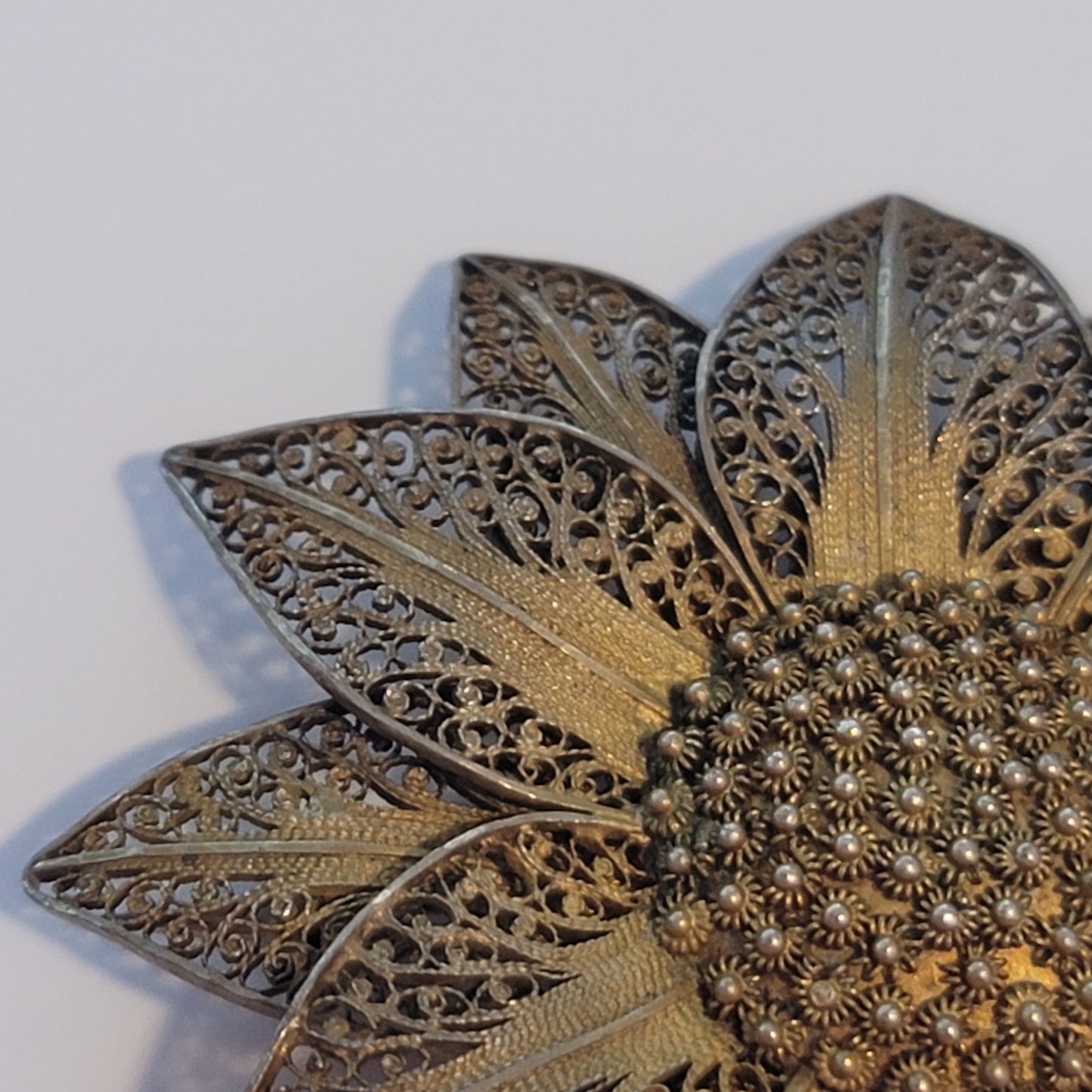 Vintage Gold Wash Vermeil Silver Filigree Sunflower Brooch