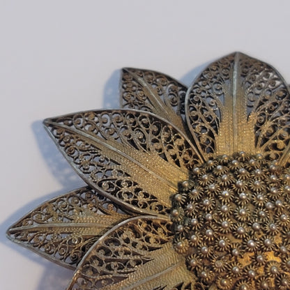 Vintage Gold Wash Vermeil Silver Filigree Sunflower Brooch