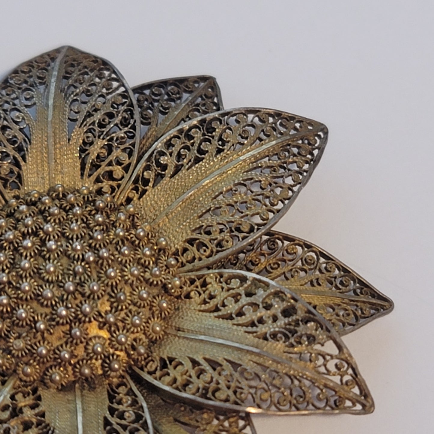 Vintage Gold Wash Vermeil Silver Filigree Sunflower Brooch