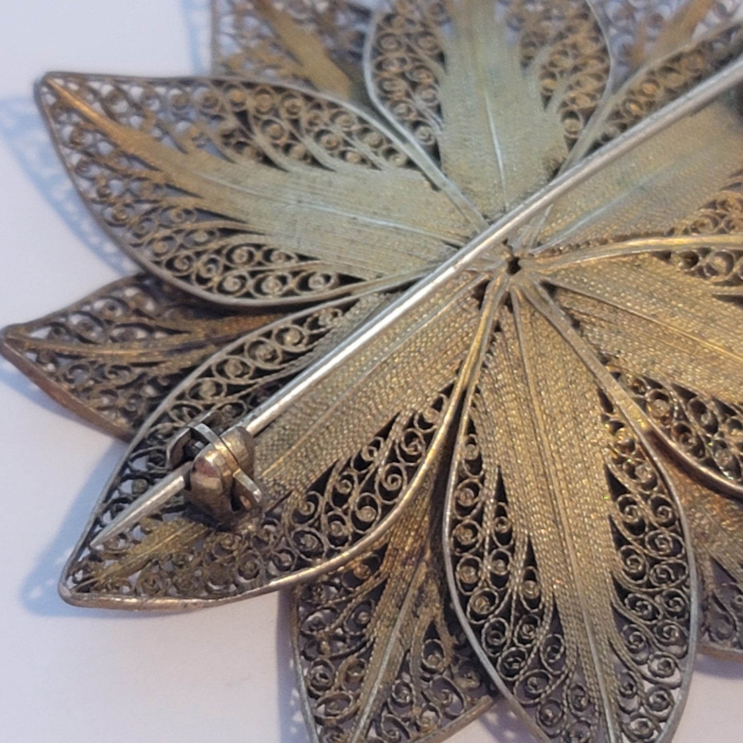 Vintage Gold Wash Vermeil Silver Filigree Sunflower Brooch