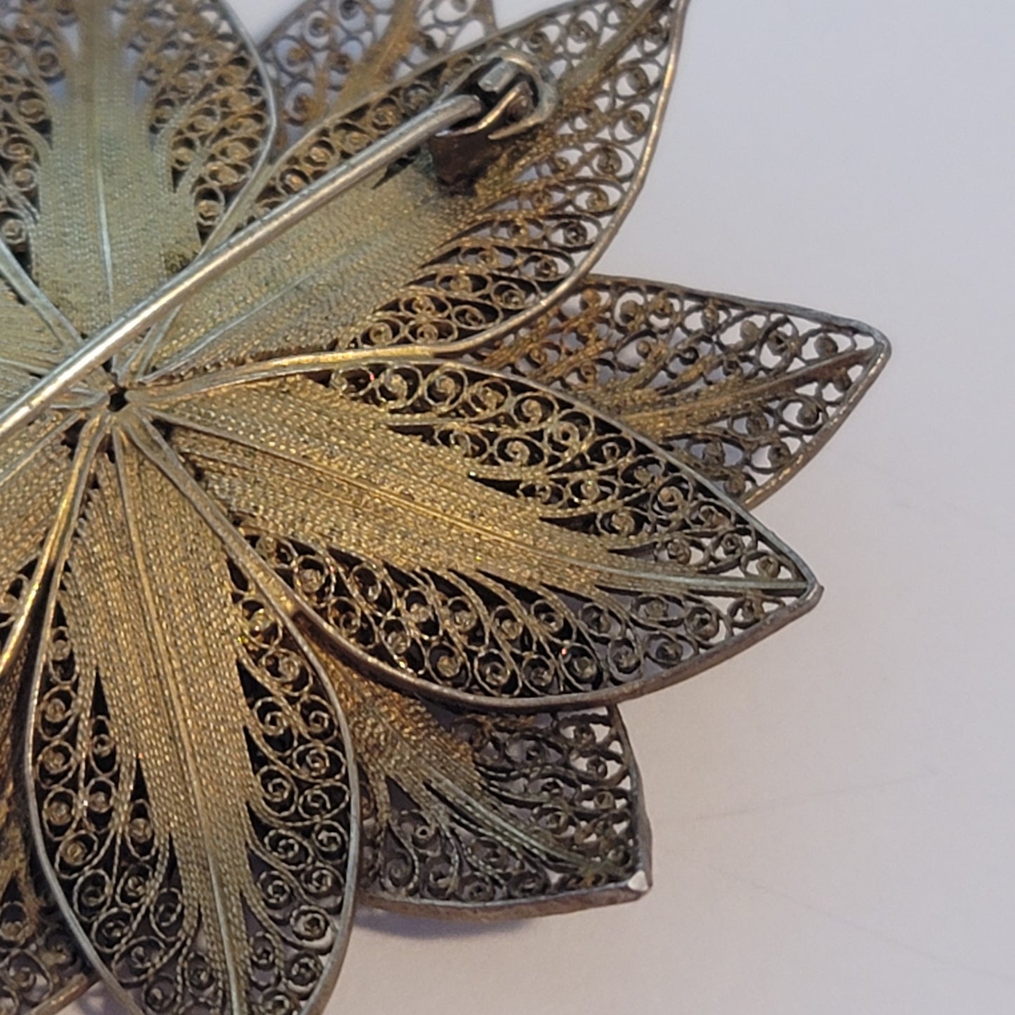 Vintage Gold Wash Vermeil Silver Filigree Sunflower Brooch