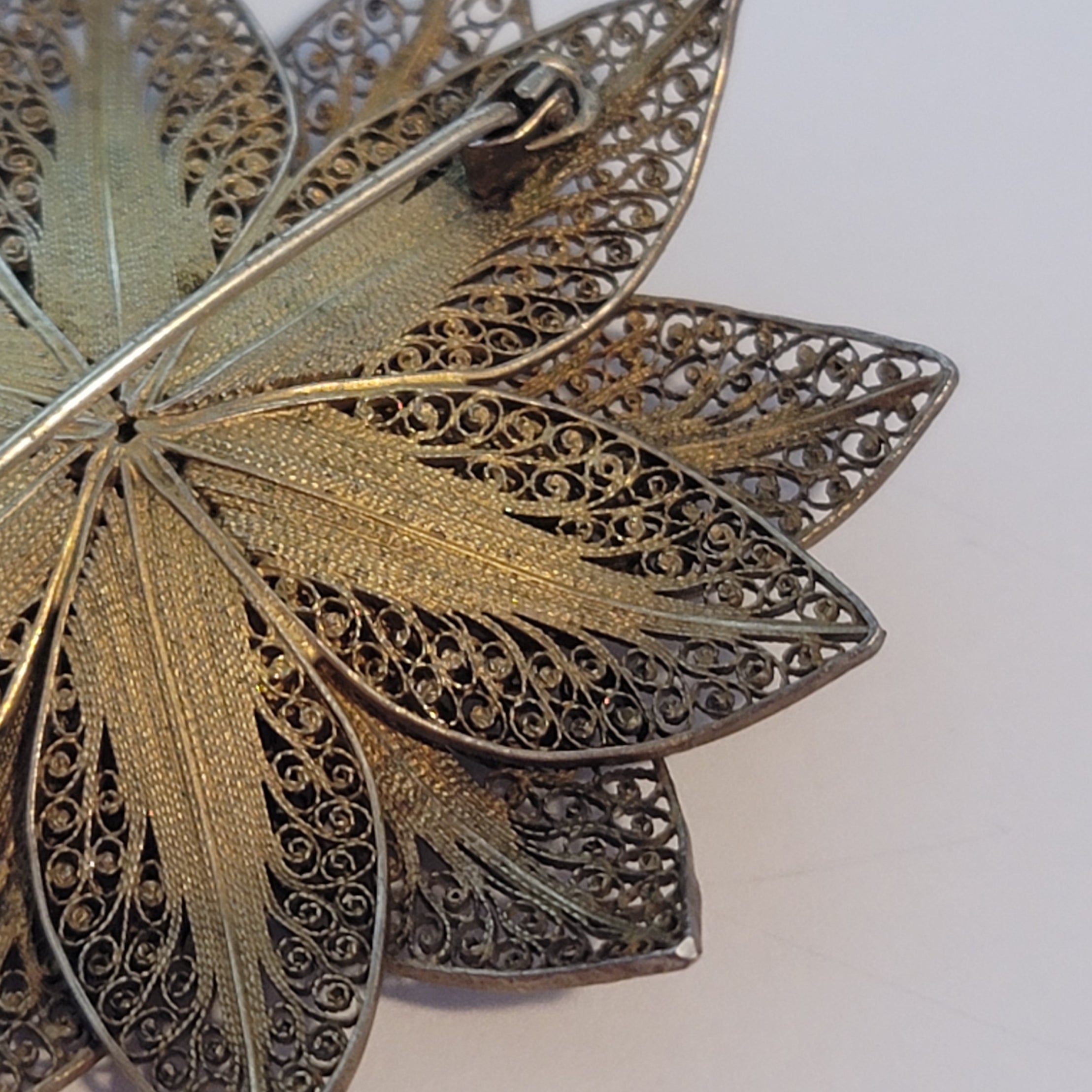 Vintage Gold Wash Vermeil Silver Filigree Sunflower Brooch