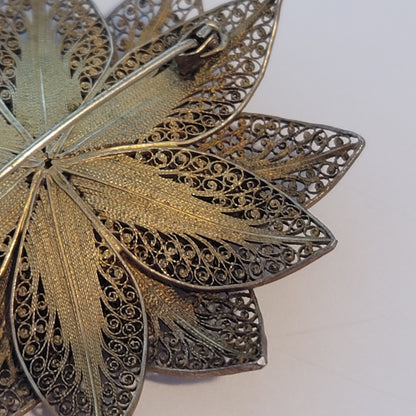 Vintage Gold Wash Vermeil Silver Filigree Sunflower Brooch