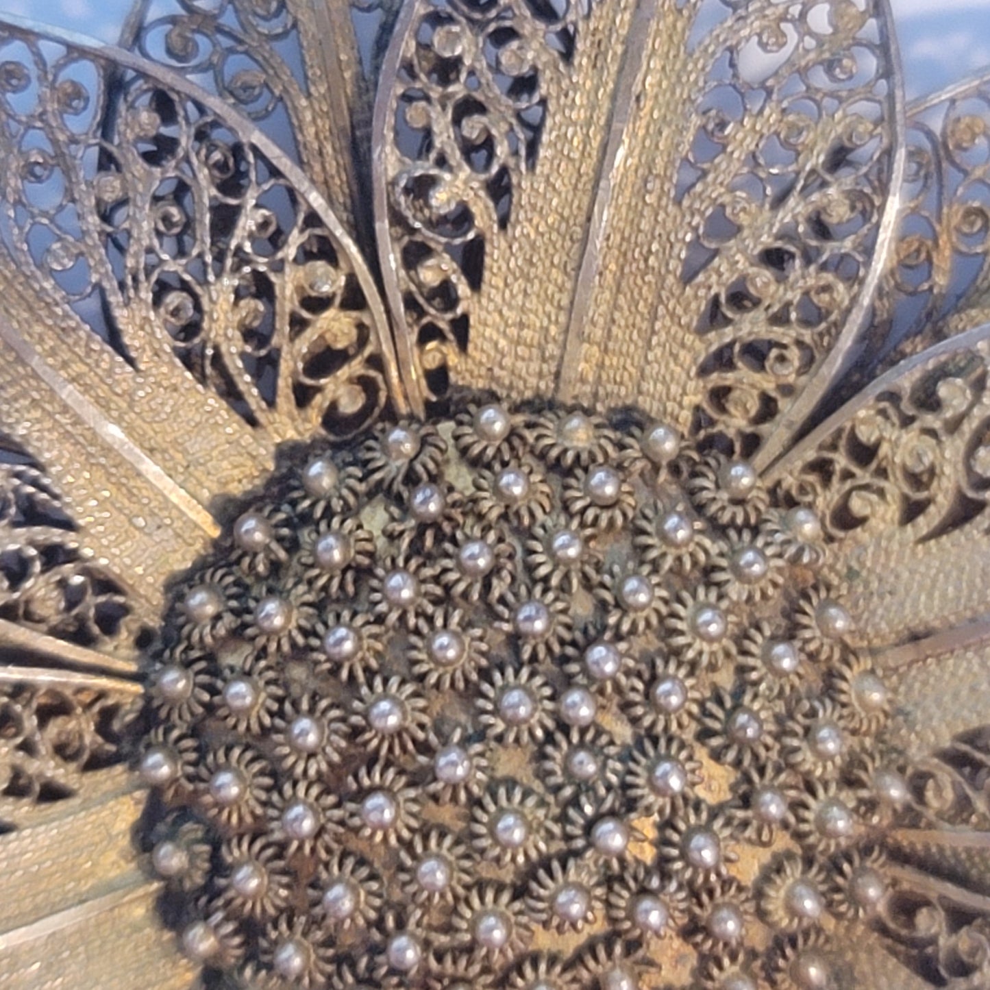 Vintage Gold Wash Vermeil Silver Filigree Sunflower Brooch