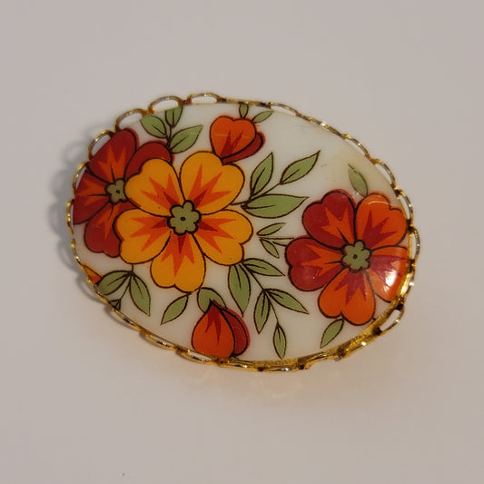 Vintage Oval Flower Ceramic Brooch
