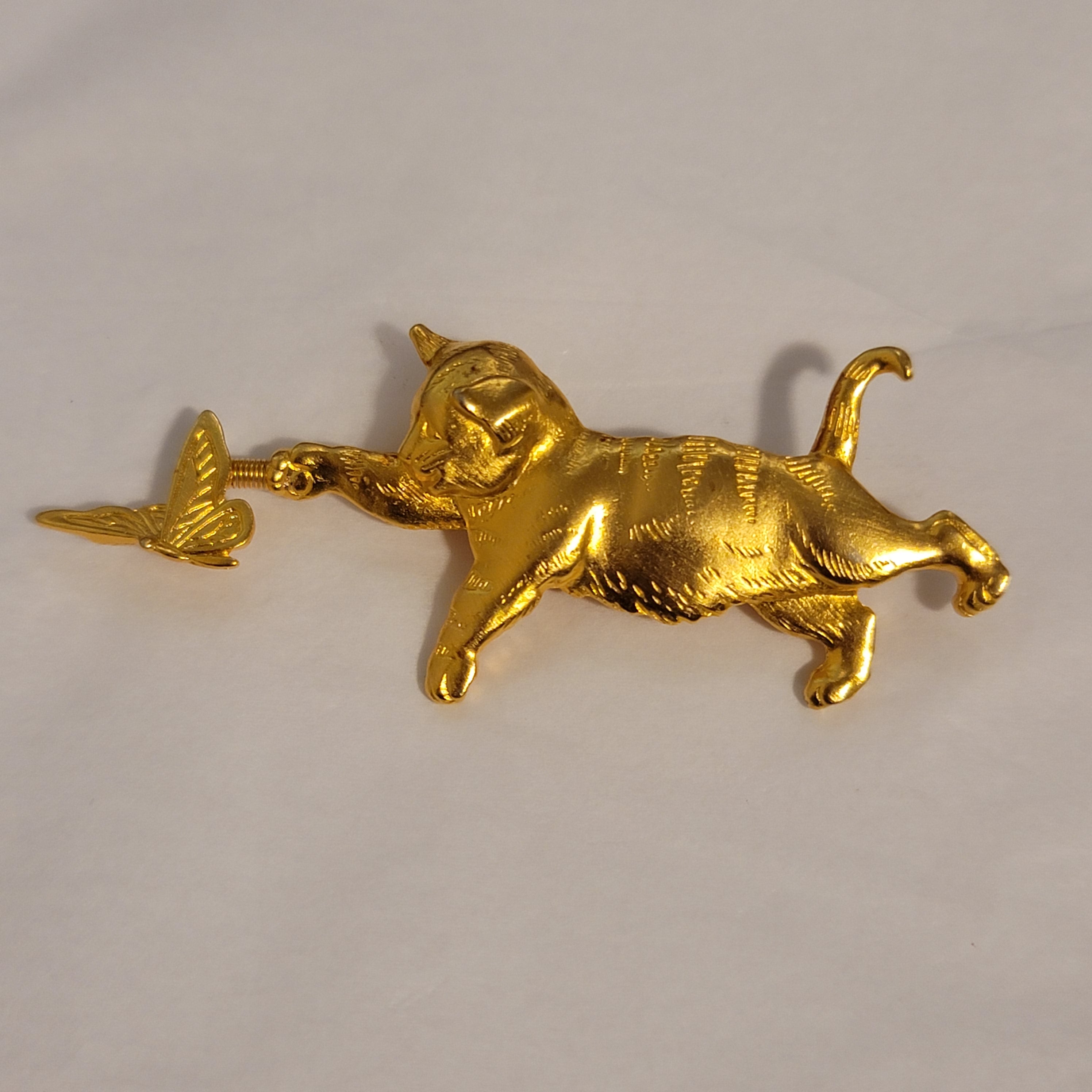 Vintage Playful Cat and Butterfly Gold Tone Brooch