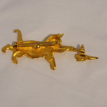 Vintage Playful Cat and Butterfly Gold Tone Brooch