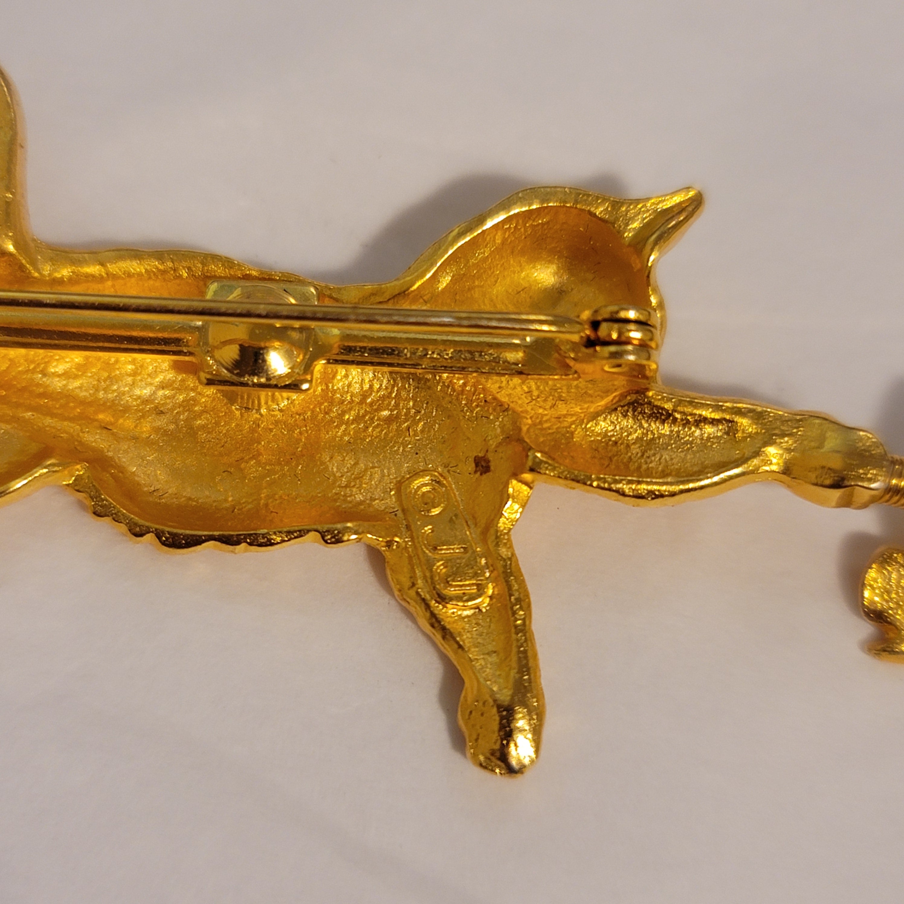 Vintage Playful Cat and Butterfly Gold Tone Brooch