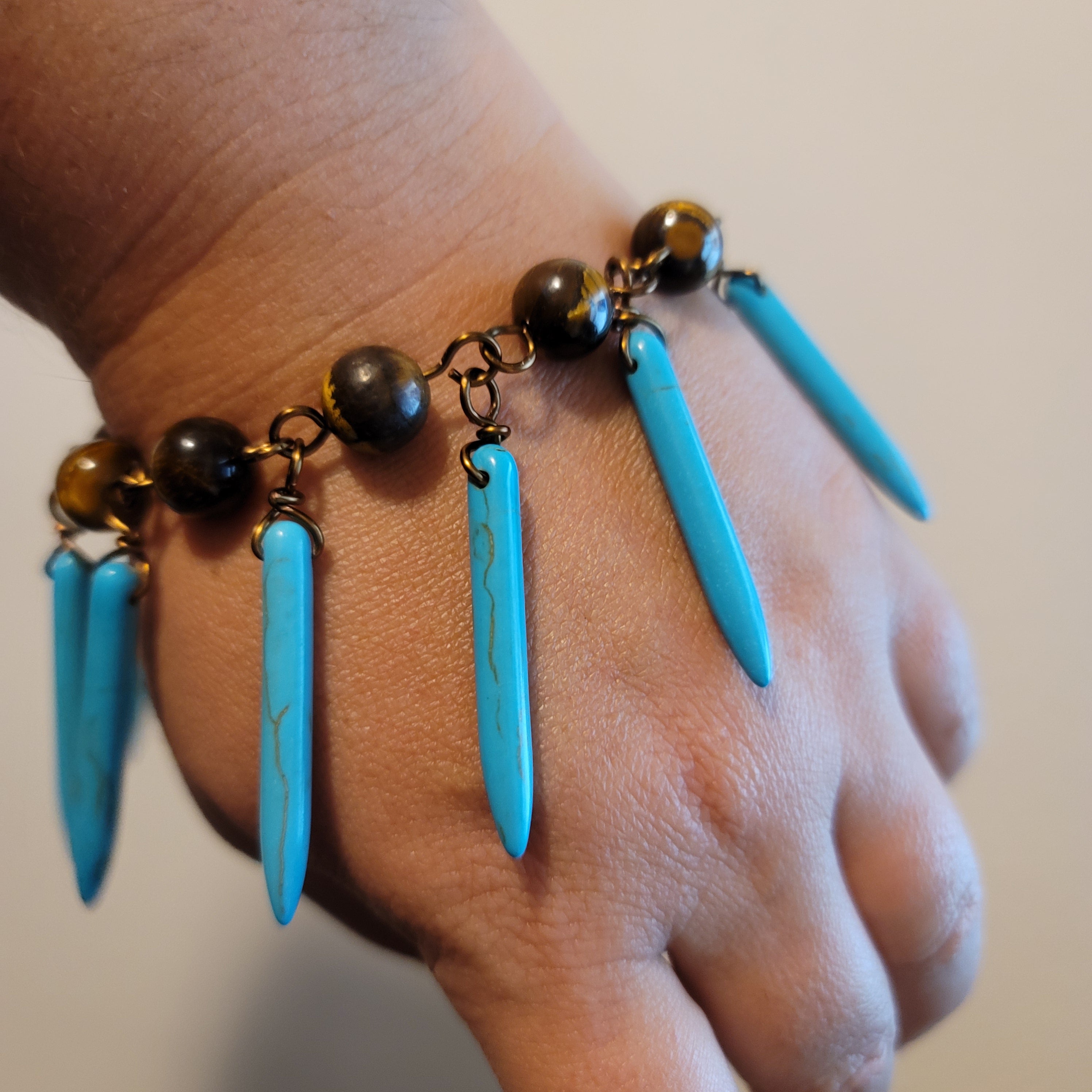 Handmade Tiger's Eye Turquoise Spike Chain Bracelet