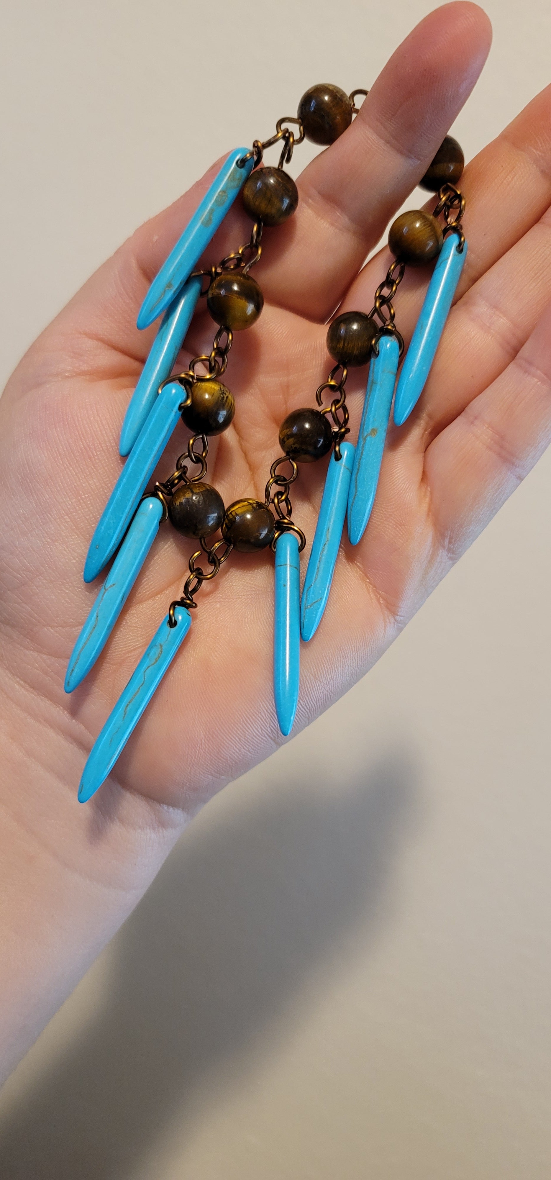 Handmade Tiger's Eye Turquoise Spike Chain Bracelet