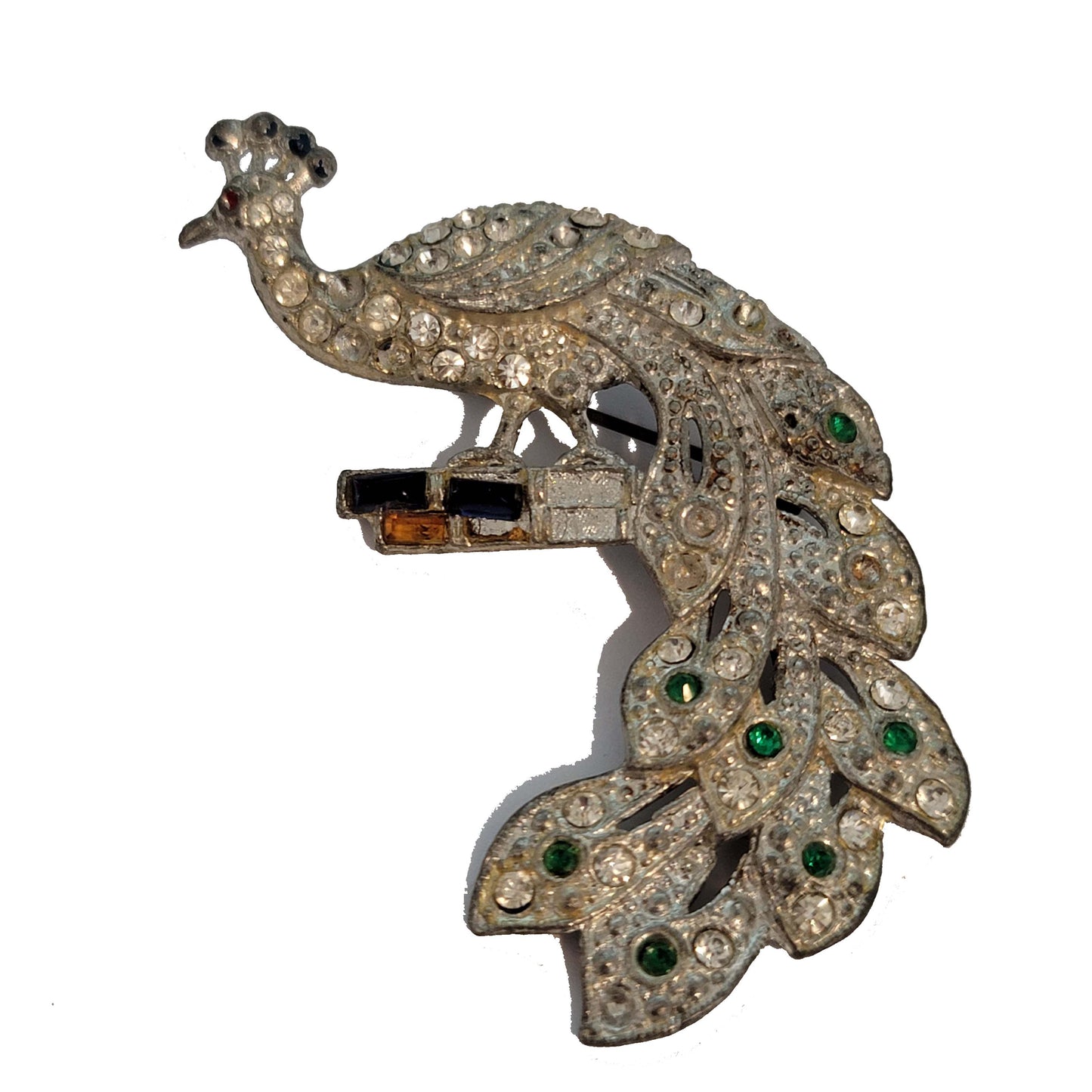Vintage Silver Tone Rhinestone Peacock Brooch