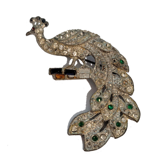 Vintage Silver Tone Rhinestone Peacock Brooch