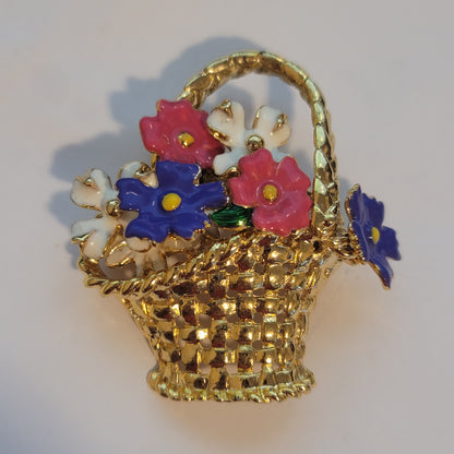 Vintage Gold Tone Flower Basket Brooch