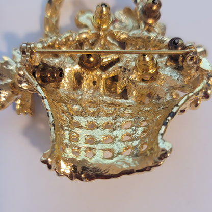 Vintage Gold Tone Flower Basket Brooch