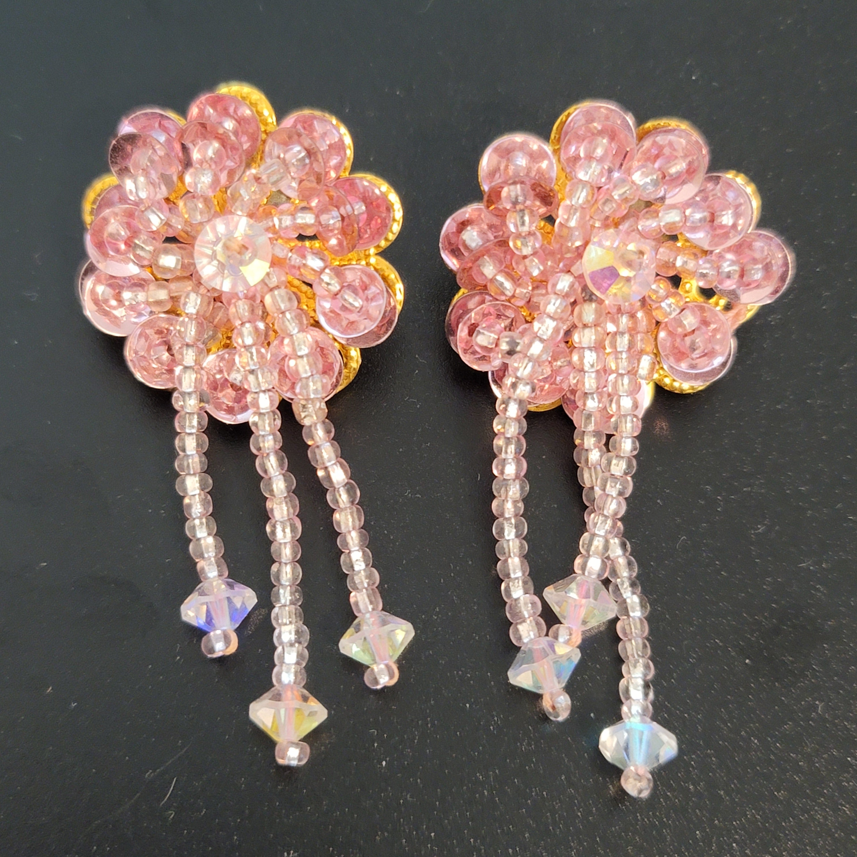 Lot of 4 Sequin Beaded Flower Earrings