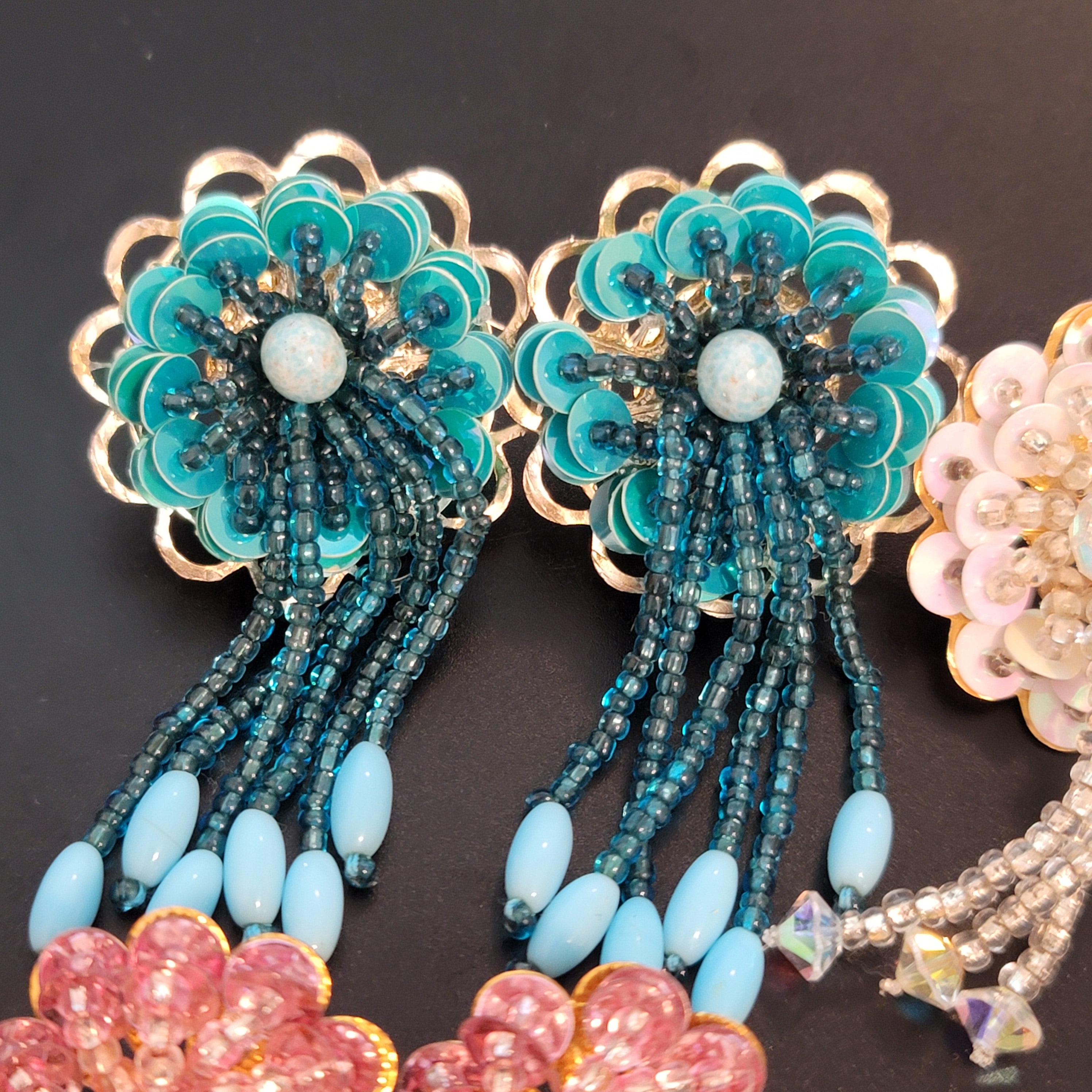 Lot of 4 Sequin Beaded Flower Earrings