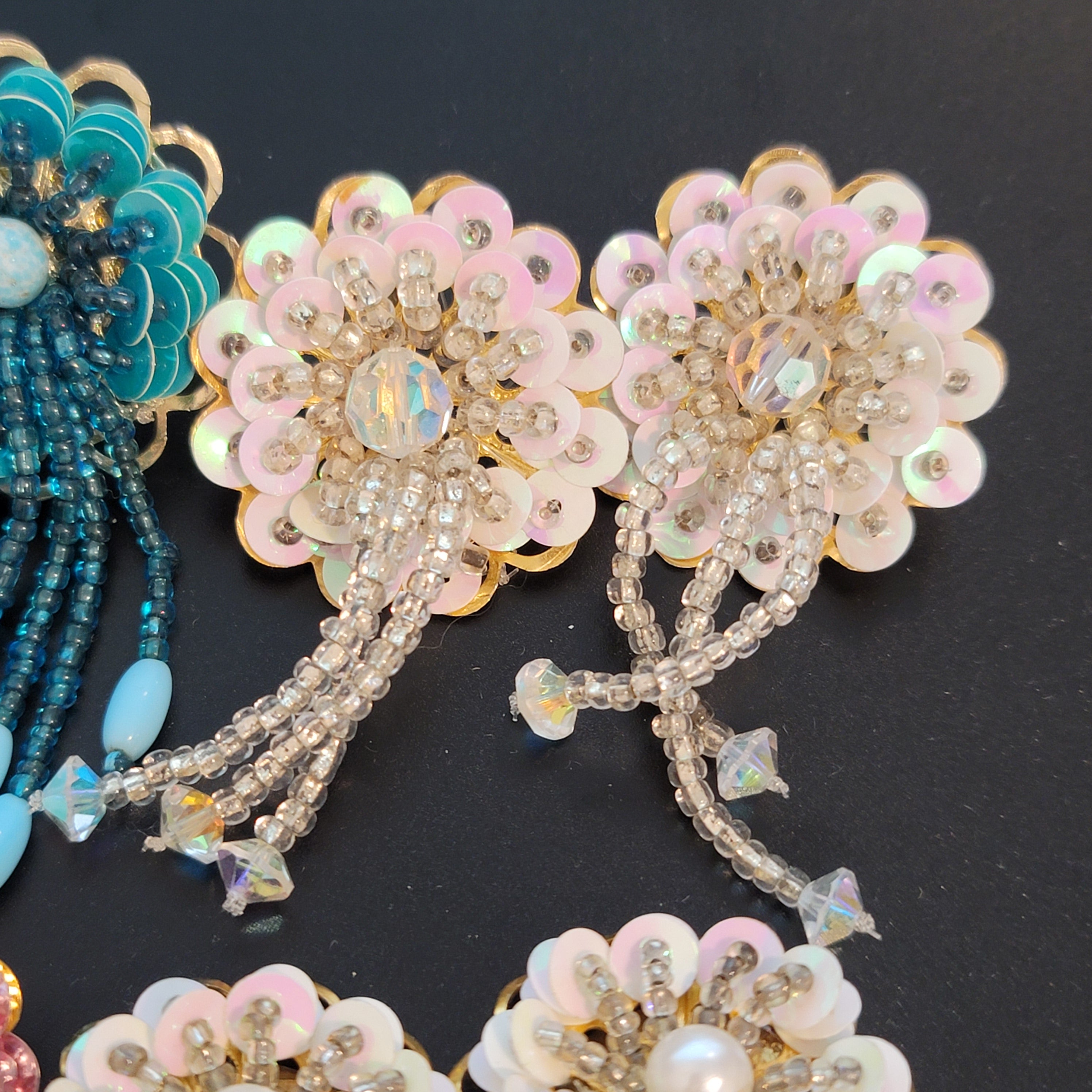 Lot of 4 Sequin Beaded Flower Earrings