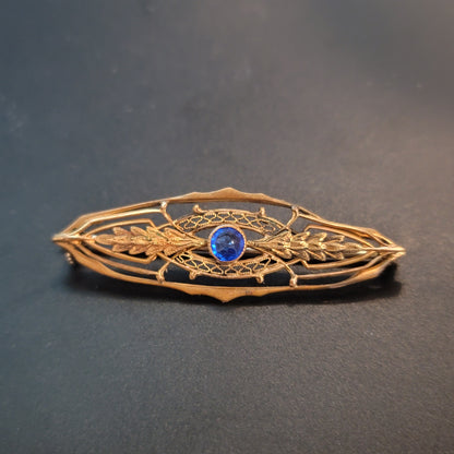 Vintage Gold Tone Blue Stone Brooch