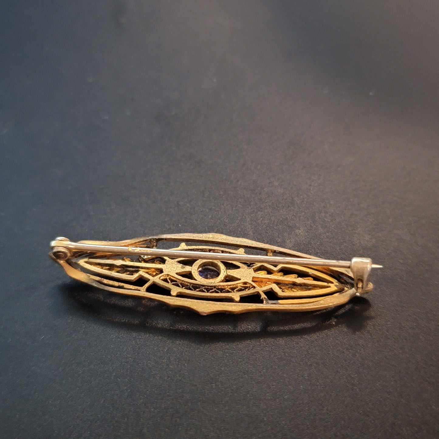 Vintage Gold Tone Blue Stone Brooch