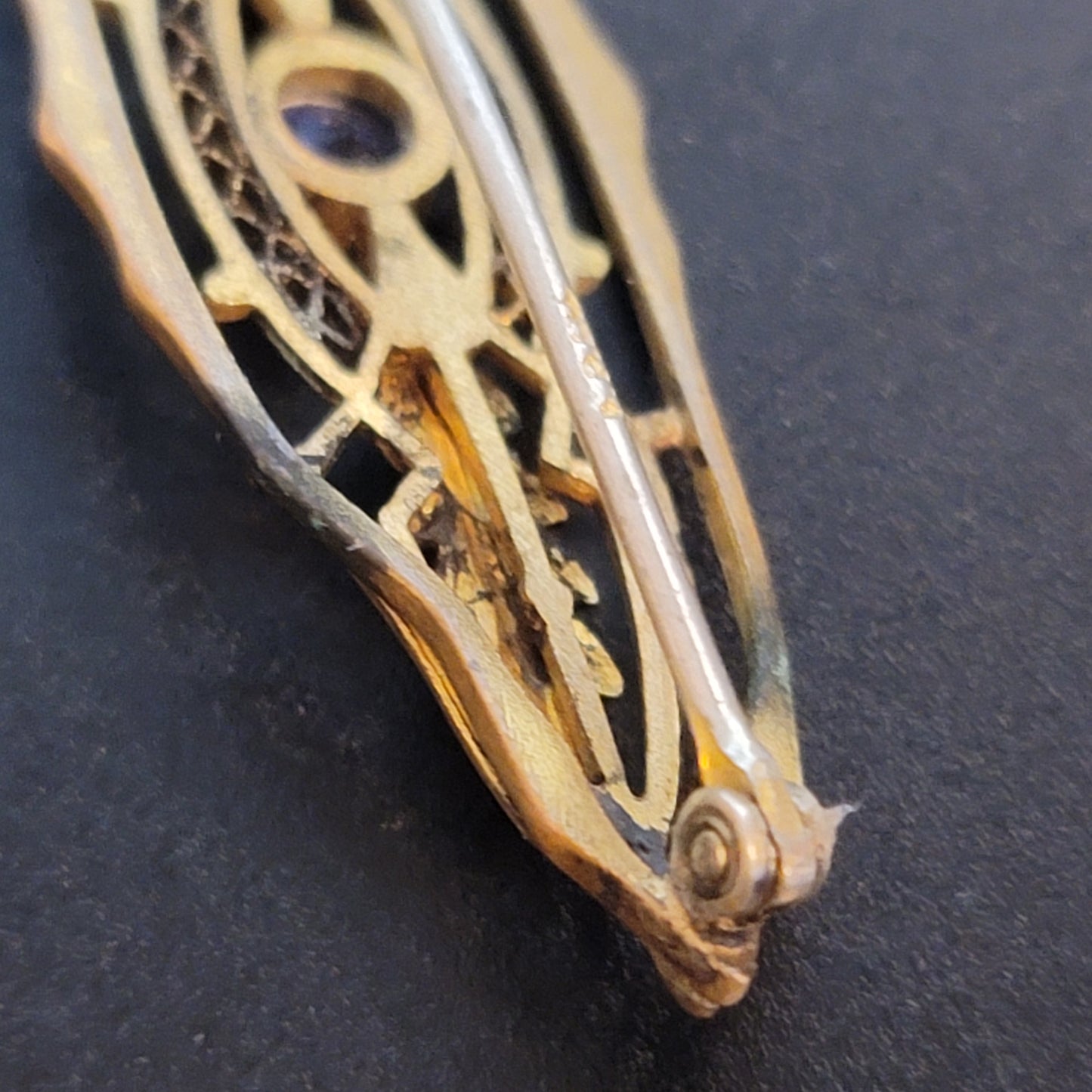 Vintage Gold Tone Blue Stone Brooch