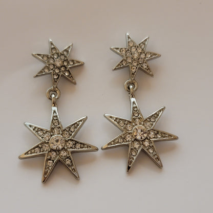 Silver Tone Rhinestone Star Earrings