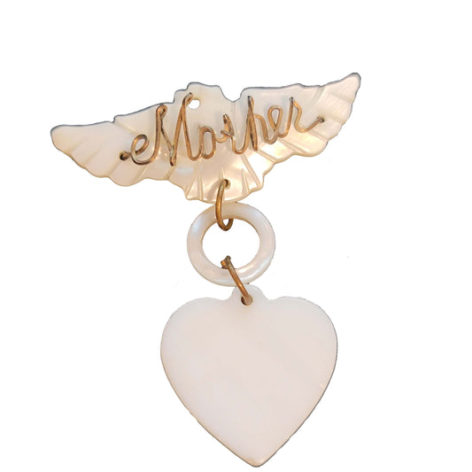 Vintage Mother of Pearl "Mother" Brooch – Dangling Heart Design