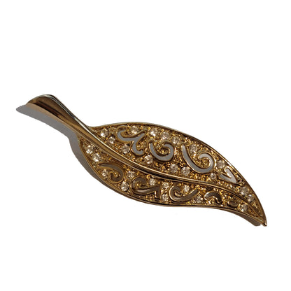 Vintage Roman Rhinestone Gold Tone Leaf Brooch