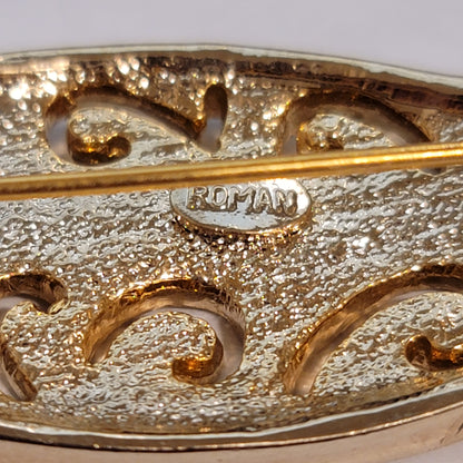 Vintage Roman Rhinestone Gold Tone Leaf Brooch