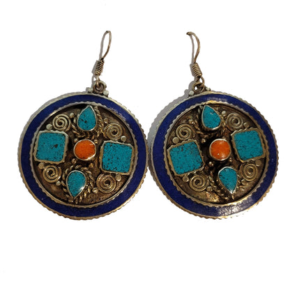 Vintage Round Southwestern Style Silver Tone Earrings