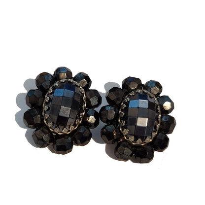 Vintage Black Faceted Bead Button Clip On Earrings
