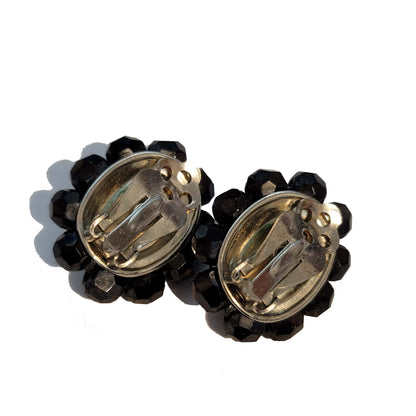 Vintage Black Faceted Bead Button Clip On Earrings