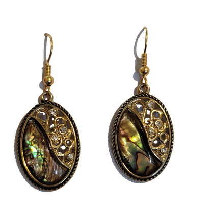 Gold Tone Oval Abalone Dangle Earrings with Rhinestones