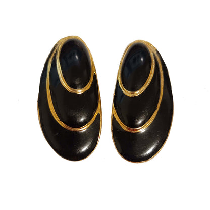 Vintage Black & Gold Clip On Earrings – Oval Statement Clam Shell Style