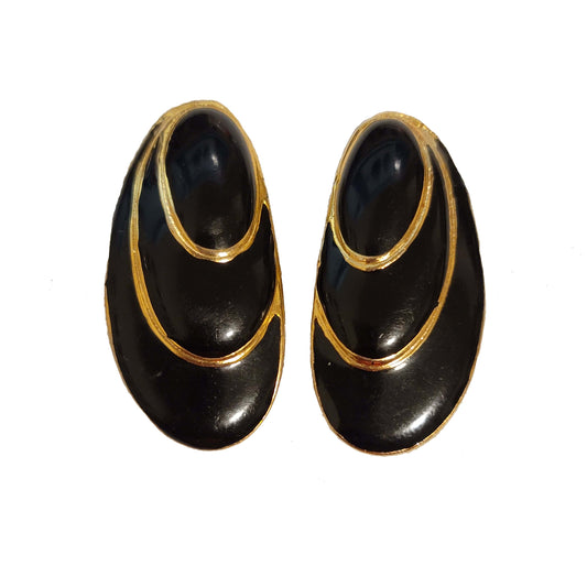 Vintage Black & Gold Clip On Earrings – Oval Statement Clam Shell Style
