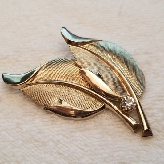 Vintage Double Leaf Rhinestone Brooch