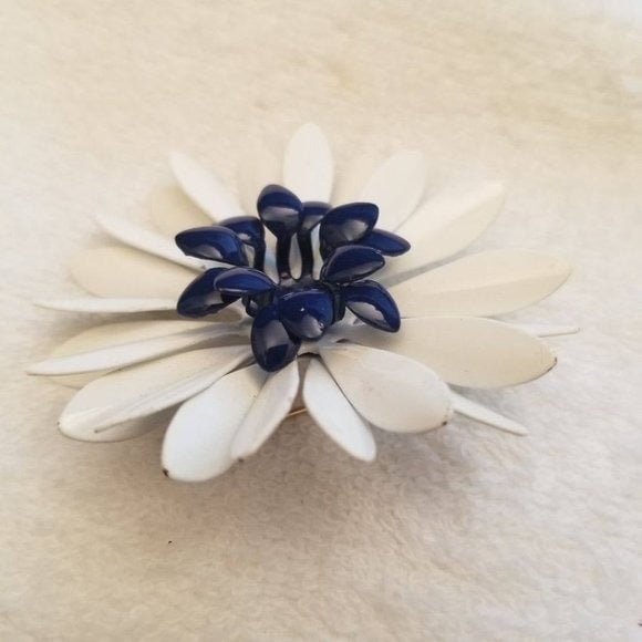 White & Blue Metal Flower Brooch