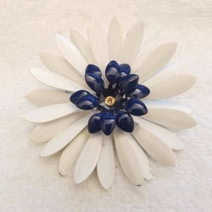 White & Blue Metal Flower Brooch