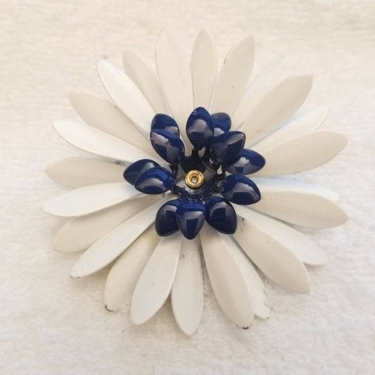 White & Blue Metal Flower Brooch