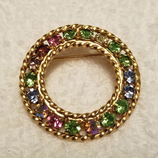 Vintage Gold Tone Multi-Colored Rhinestone Brooch