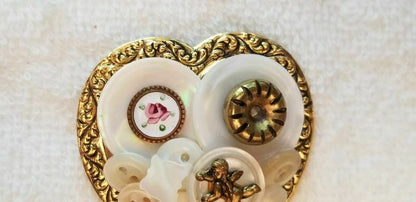 Gold Tone Heart Button Brooch