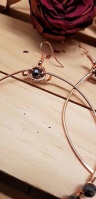Handmade Hematite Copper Hoop Wire Wrapped Earrings