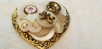 Gold Tone Heart Button Brooch